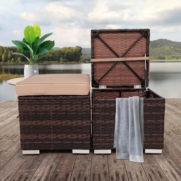 2 Wicker Ottomans, Multipurpose Outdoor Furniture For Patio, Backyard, Additional Seating, Footrest, Side Table With Storage, Removable Cushions - Image 3