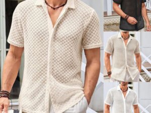 Summer Mesh Short Sleeve Shirt Fashion Solid Color Lapel Shirt Tops Beach Men Clothing
