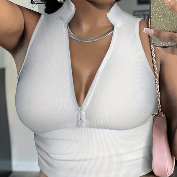Women's V-neck Short Zipper Design Ribbed Knit Camisole Vest - Image 2