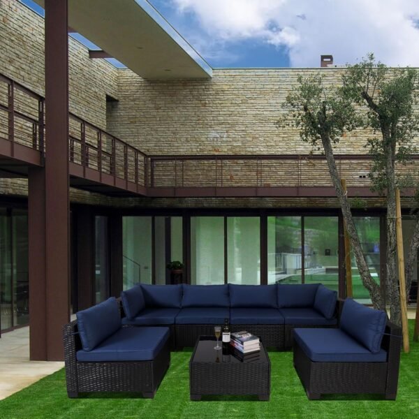 7 Pieces Canadian Outdoor Rattan Patio Sectional Set, Black Wicker Furniture Conversation Sets With Washable Cushions & Glass Coffee Table For Garden, Poolside, Backyard - Image 3