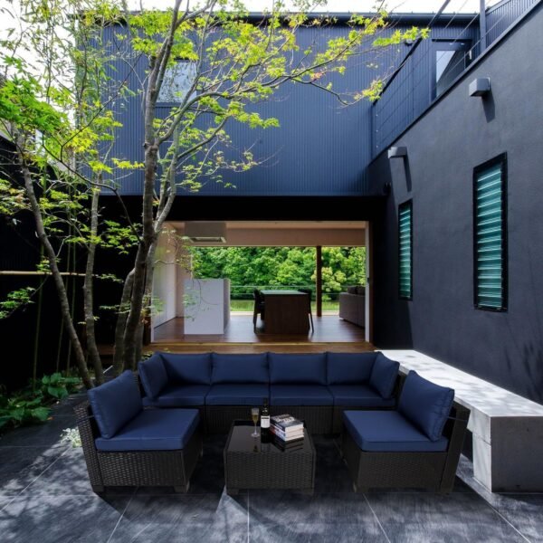 7 Pieces Canadian Outdoor Rattan Patio Sectional Set, Black Wicker Furniture Conversation Sets With Washable Cushions & Glass Coffee Table For Garden, Poolside, Backyard - Image 7