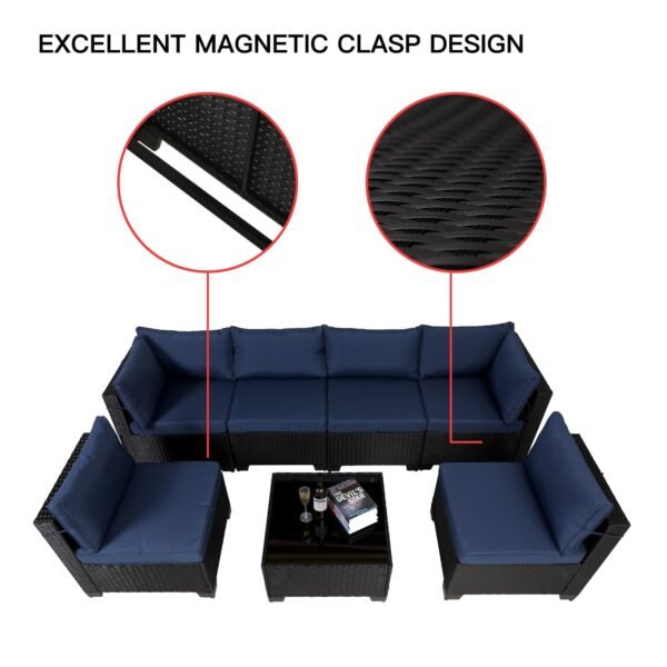 7 Pieces Canadian Outdoor Rattan Patio Sectional Set, Black Wicker Furniture Conversation Sets With Washable Cushions & Glass Coffee Table For Garden, Poolside, Backyard - Image 2