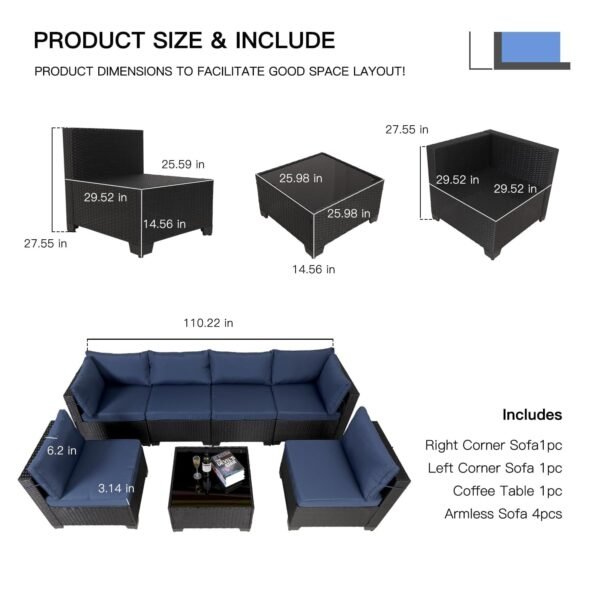 7 Pieces Canadian Outdoor Rattan Patio Sectional Set, Black Wicker Furniture Conversation Sets With Washable Cushions & Glass Coffee Table For Garden, Poolside, Backyard - Image 5
