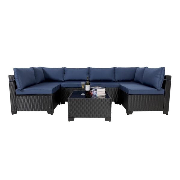 7 Pieces Canadian Outdoor Rattan Patio Sectional Set, Black Wicker Furniture Conversation Sets With Washable Cushions & Glass Coffee Table For Garden, Poolside, Backyard - Image 10
