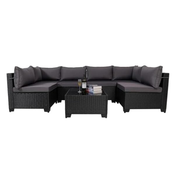 7 Pieces Canadian Outdoor Rattan Patio Sectional Set, Black Wicker Furniture Conversation Sets With Washable Cushions & Glass Coffee Table For Garden, Poolside, Backyard - Image 8