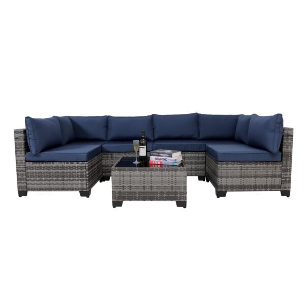 7 Pieces Canadian Outdoor Rattan Patio Sectional Set, Black Wicker Furniture Conversation Sets With Washable Cushions & Glass Coffee Table For Garden, Poolside, Backyard - Image 4