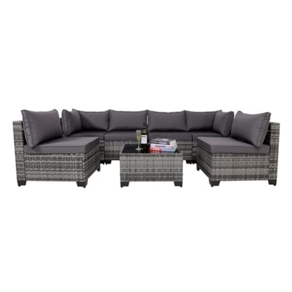 7 Pieces Canadian Outdoor Rattan Patio Sectional Set, Black Wicker Furniture Conversation Sets With Washable Cushions & Glass Coffee Table For Garden, Poolside, Backyard - Image 9