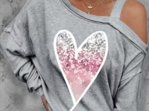 Ladies' Heart-shaped Cherry Blossom Graphic Print Asymmetric Dewdrop Shoulder Top Long Sleeved Shirt