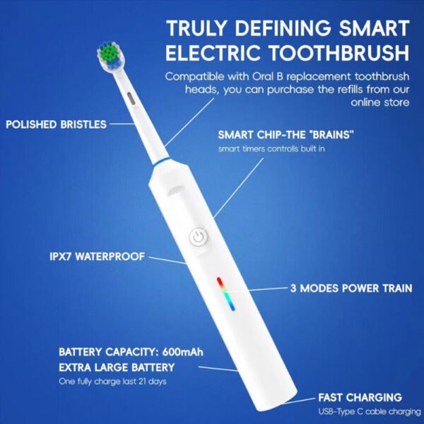 Toothbrush Electric Rechargeable Pro Rotating Brush Heads Timer Modes USB - Image 5