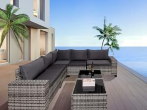 7-Piece Outdoor Patio Canadian Furniture Sets, All-Weather Wicker Rattan Sectional Sofa, Modern Two Glass Coffee Table And Washable Seat Cushion