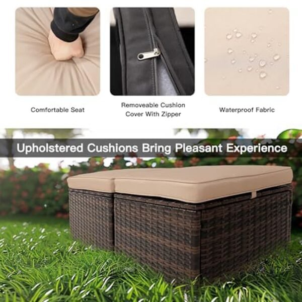 2 Wicker Ottomans, Multipurpose Outdoor Furniture For Patio, Backyard, Additional Seating, Footrest, Side Table With Storage, Removable Cushions - Image 4