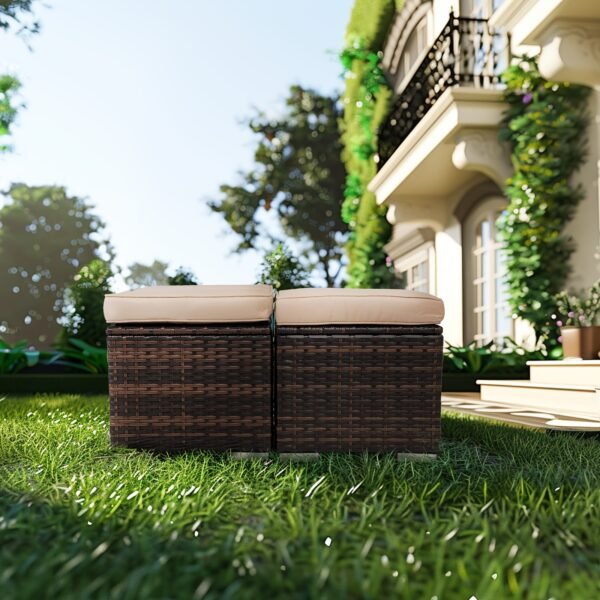 2 Wicker Ottomans, Multipurpose Outdoor Furniture For Patio, Backyard, Additional Seating, Footrest, Side Table With Storage, Removable Cushions - Image 9