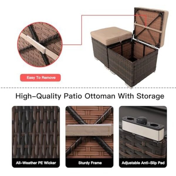 2 Wicker Ottomans, Multipurpose Outdoor Furniture For Patio, Backyard, Additional Seating, Footrest, Side Table With Storage, Removable Cushions - Image 6