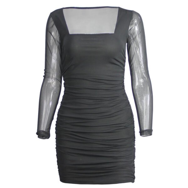 Yamamei Autumn And Winter Women's Black Sheer Mesh Long Sleeve Pleated Dress - Image 2